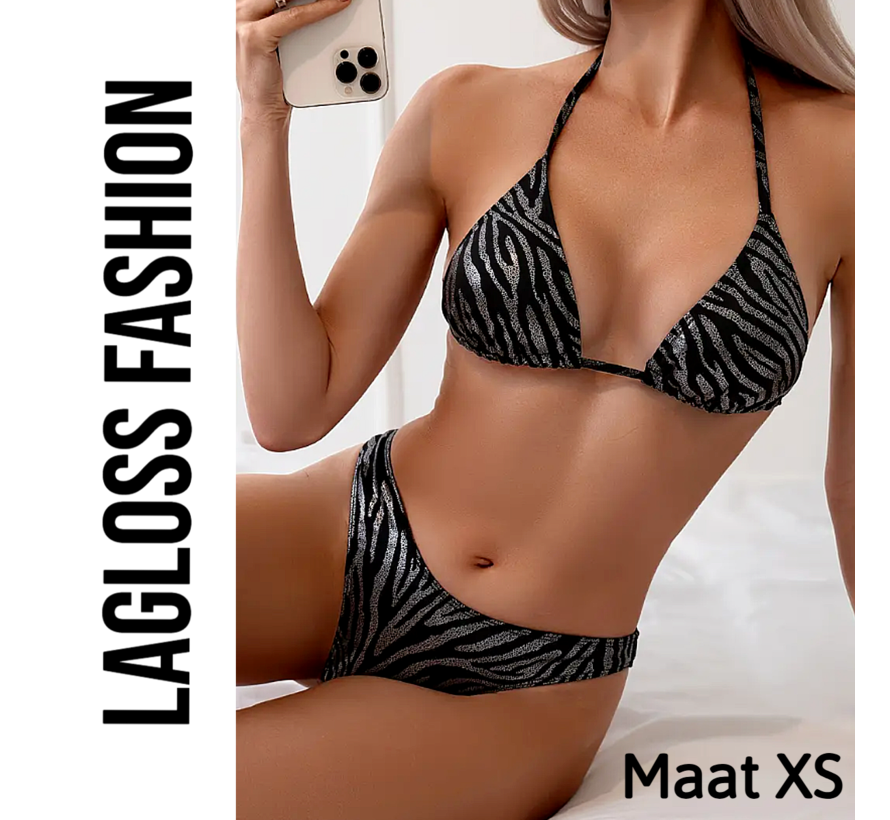 LaGloss® 2-Delige Bikini Set Zebraprint Grijs Zwart – Maat XS - Trendy Dames Zwemkleding