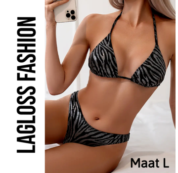 LaGloss 2-Delige Bikini Set Zebraprint Grijs Zwart – Maat L