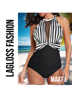 LaGloss Zwart Wit Gestreept Badpak – Maat L