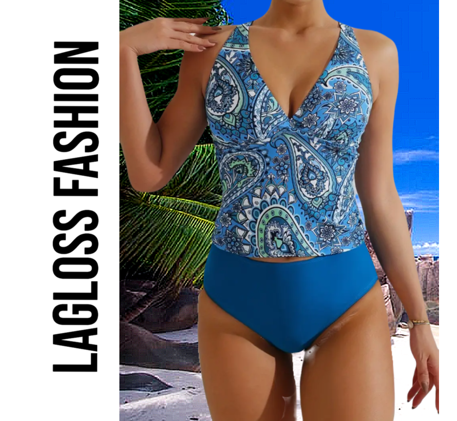LaGloss® 2-Delige Tankini Set Blauw Paisley Print – Maat S - Modieuze & Comfortabele Dames Badmode