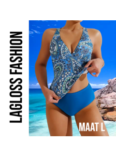 LaGloss 2-Delige Tankini Set Blauw Paisley Print – Maat L