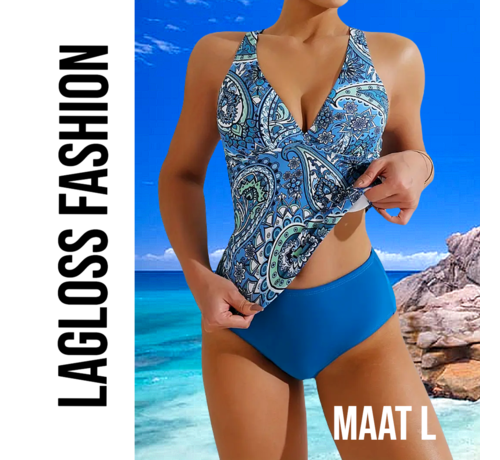 LaGloss LaGloss® 2-Delige Tankini Set Blauw Paisley Print – Maat L - Modieuze & Comfortabele Dames Badmode