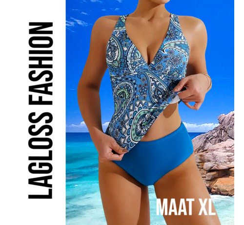 LaGloss LaGloss® 2-Delige Tankini Set Blauw Paisley Print – Maat XL - Modieuze & Comfortabele Dames Badmode