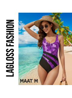 LaGloss Badpak Vintage Paars Zwarte Strepen – Maat M