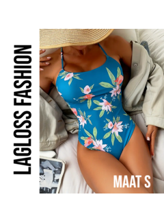 LaGloss Tropisch Badpak Blauw met Bloemen – Maat S
