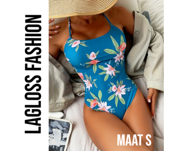 LaGloss Tropisch Badpak Blauw met Bloemen – Maat S