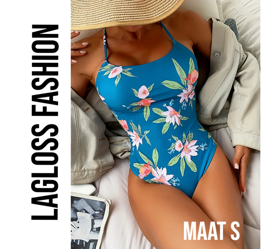 LaGloss® Tropisch Badpak – Blauw met Bloemen – Flatterend Eendelig Zwempak – Maat S
