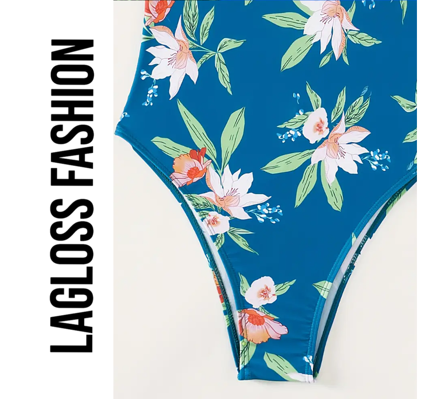 LaGloss® Tropisch Badpak – Blauw met Bloemen – Flatterend Eendelig Zwempak – Maat S