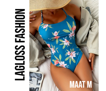 LaGloss Tropisch Badpak Blauw met Bloemen – Maat M