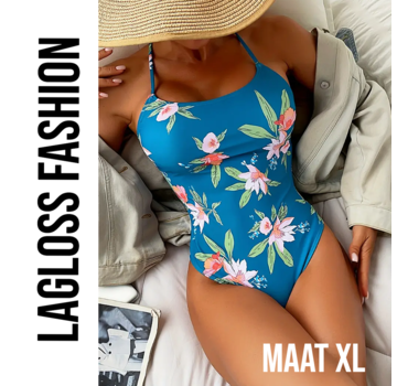LaGloss Tropisch Badpak Blauw met Bloemen – Maat XL