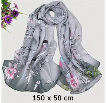 LaGloss Sjaal Chiffon Bloemen Grijs – Strand Omslagdoek 50x150 cm