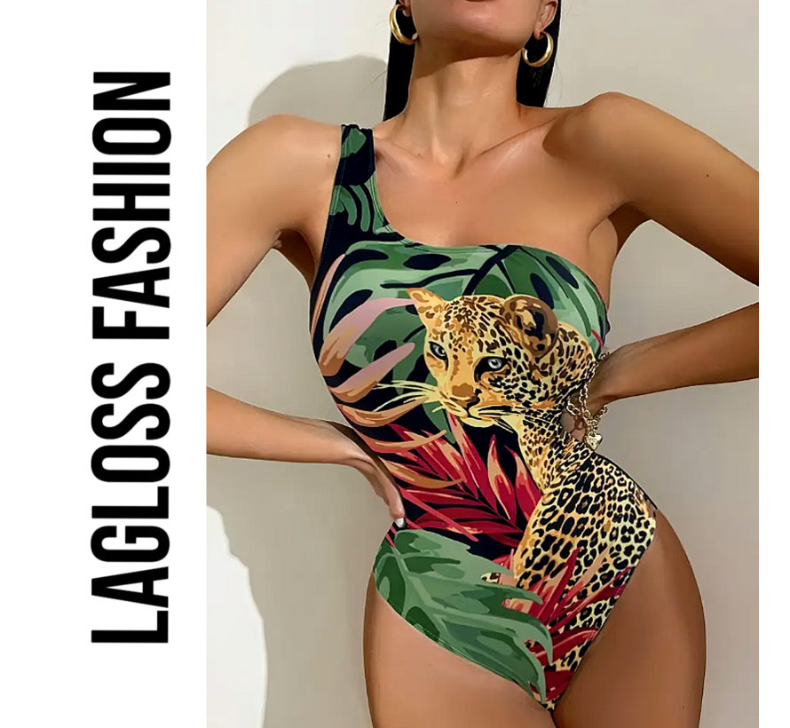 LaGloss® Badpak Luipaardprint – Asymmetrisch Eén-Schouder Zwempak – Trendy & Sexy – Maat L