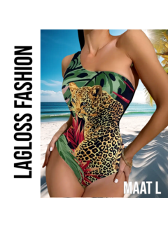 LaGloss Badpak Luipaardprint Asymmetrisch Eén-Schouder Zwempak – Maat L