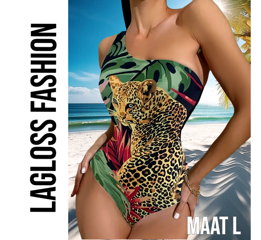 LaGloss® Badpak Luipaardprint – Asymmetrisch Eén-Schouder Zwempak – Trendy & Sexy – Maat L