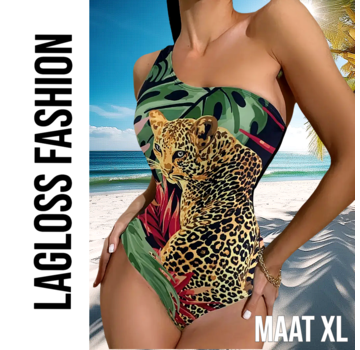 LaGloss Badpak Luipaardprint Asymmetrisch Eén-Schouder Zwempak – Maat XL