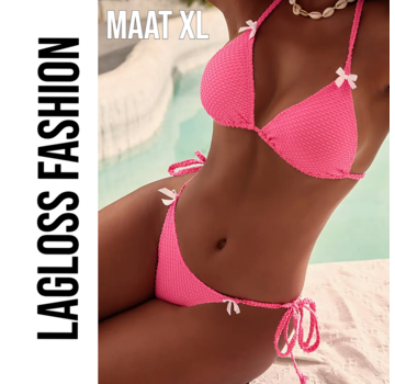 LaGloss 2-Delige Bikini Set Roze met Vlinder Strikjes – Maat XL