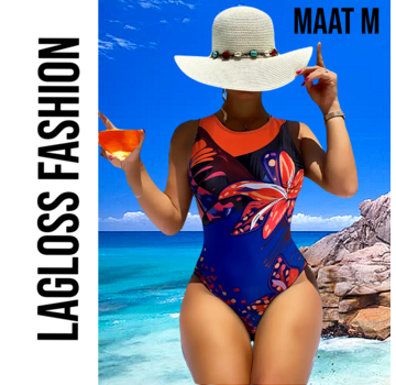LaGloss Badpak Blauw met Rood Bloemenmotief – Ronde Hals – Maat M
