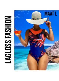 LaGloss Badpak Blauw met Rood Bloemenmotief – Ronde Hals – Maat L