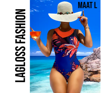 LaGloss Badpak Blauw met Rood Bloemenmotief – Ronde Hals – Maat L