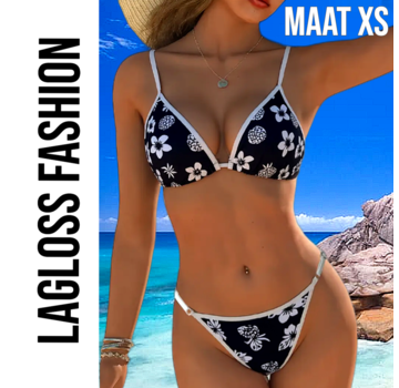 LaGloss 2-Delige Bikini Set Zwart Wit Bloemenprint – Maat XS