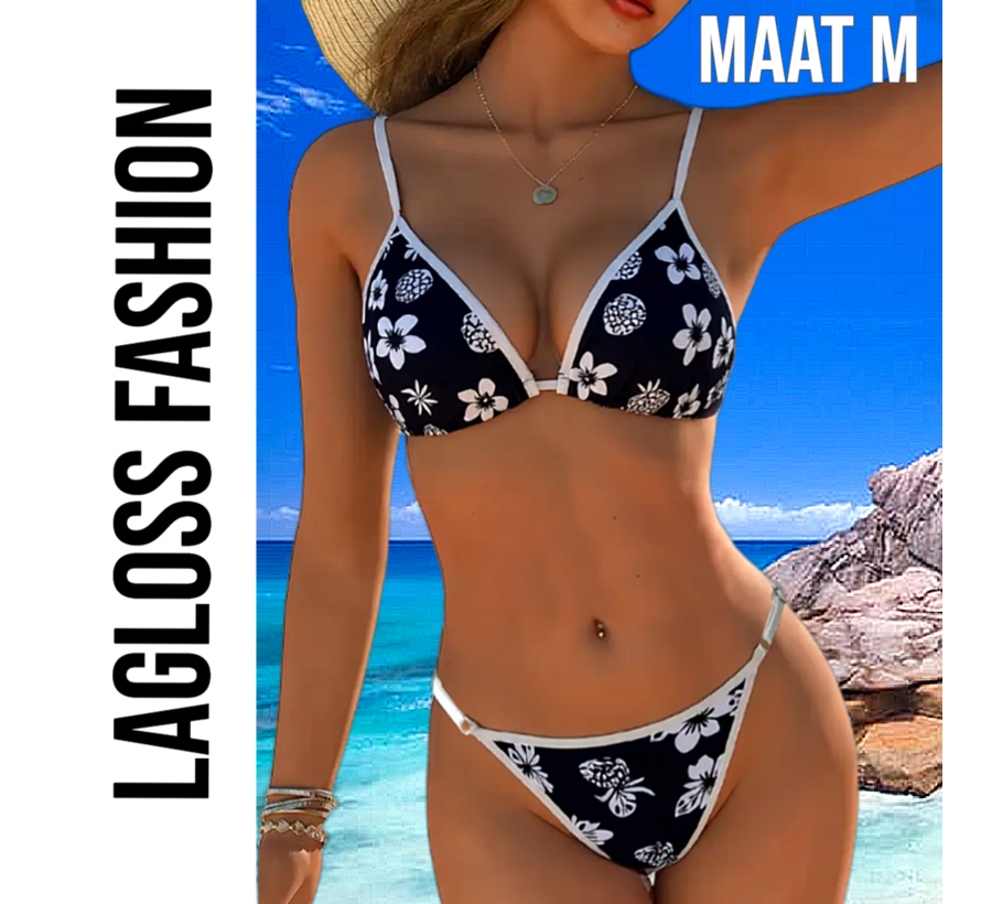 LaGloss® 2-Delige Bikini Set Zwart Wit Bloemenprint – Sexy & Stijlvolle Dames Badmode – Maat M