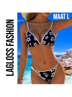LaGloss 2-Delige Bikini Set Zwart Wit Bloemenprint – Maat L