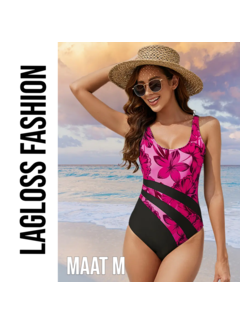 LaGloss Badpak Vintage Magenta Roze Zwarte Strepen – Maat M