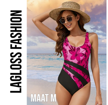 LaGloss Badpak Vintage Magenta Roze Zwarte Strepen – Maat M