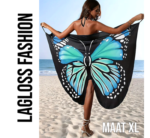 LaGloss LaGloss® Boho Chic Strandjurk Cover-Up – Blauwe Vlinderprint – Zwemkleding Omslagdoek – Maat XL – Lichtgewicht & Sneldrogend