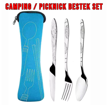 Allernieuwste.nl® RVS Reisbestekset 3-delig – Lepel, Vork, Steakmes – Met Wasbare Blauwe Etui