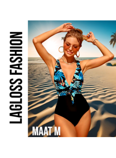 LaGloss Badpak Blauw Zwart Tropische Print - Maat M