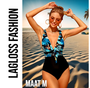 LaGloss Badpak Blauw Zwart Tropische Print - Maat M