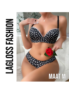 LaGloss 2-Delige Bikini Set Zwart met Witte Hartjes – Maat M