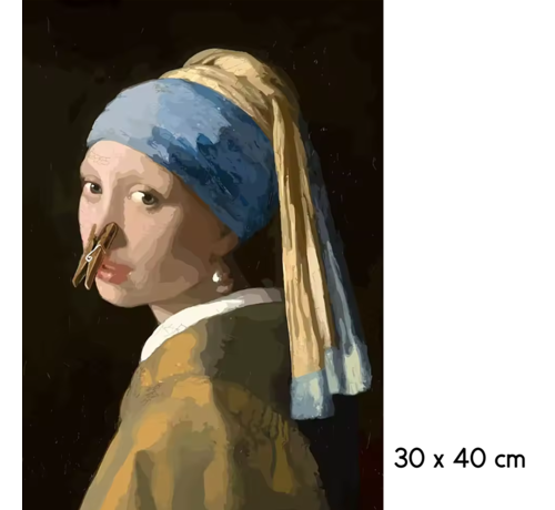Allernieuwste.nl Allernieuwste.nl® Canvas Schilderij Meisje met de Parel met Wasknijper - Johannes Vermeer - Grappig - Kleur - 30 x 40 cm