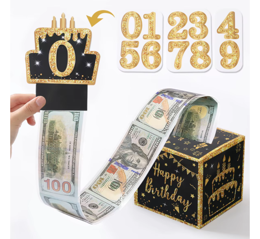 3D Geld Biljetten Verjaardagskaart Kado Box met 6 METER Geld Briefjes - Een aparte Happy Birthday Zwart
