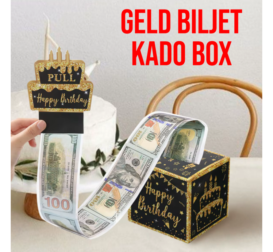 3D Geld Biljetten Verjaardagskaart Kado Box met 6 METER Geld Briefjes - Een aparte Happy Birthday Zwart