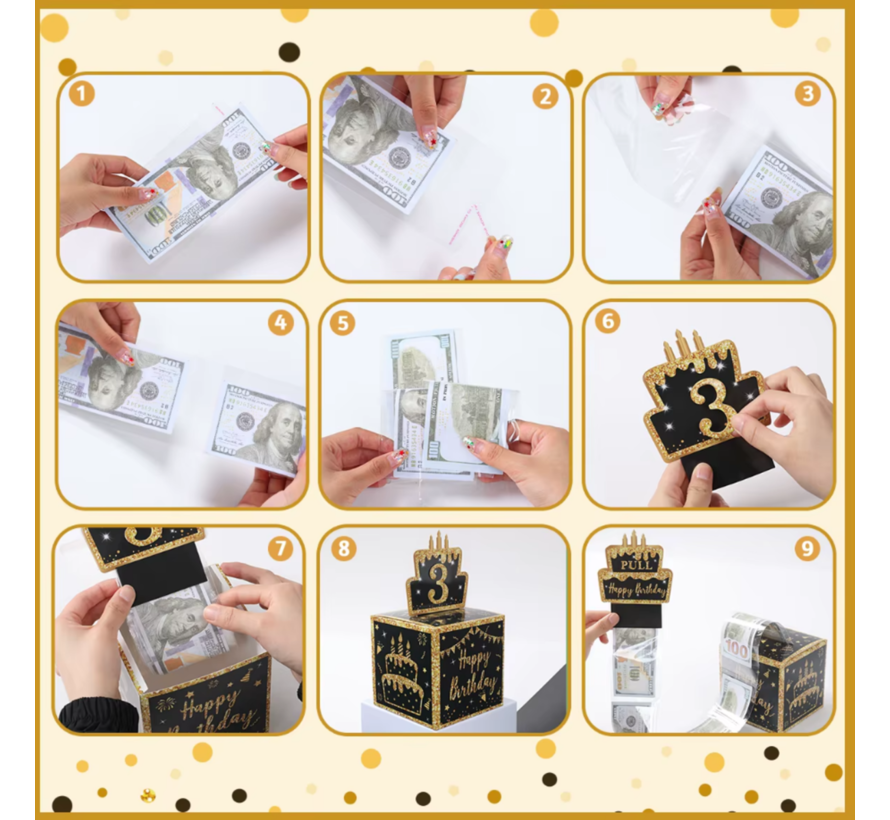 3D Geld Biljetten Verjaardagskaart Kado Box met 6 METER Geld Briefjes - Een aparte Happy Birthday Zwart