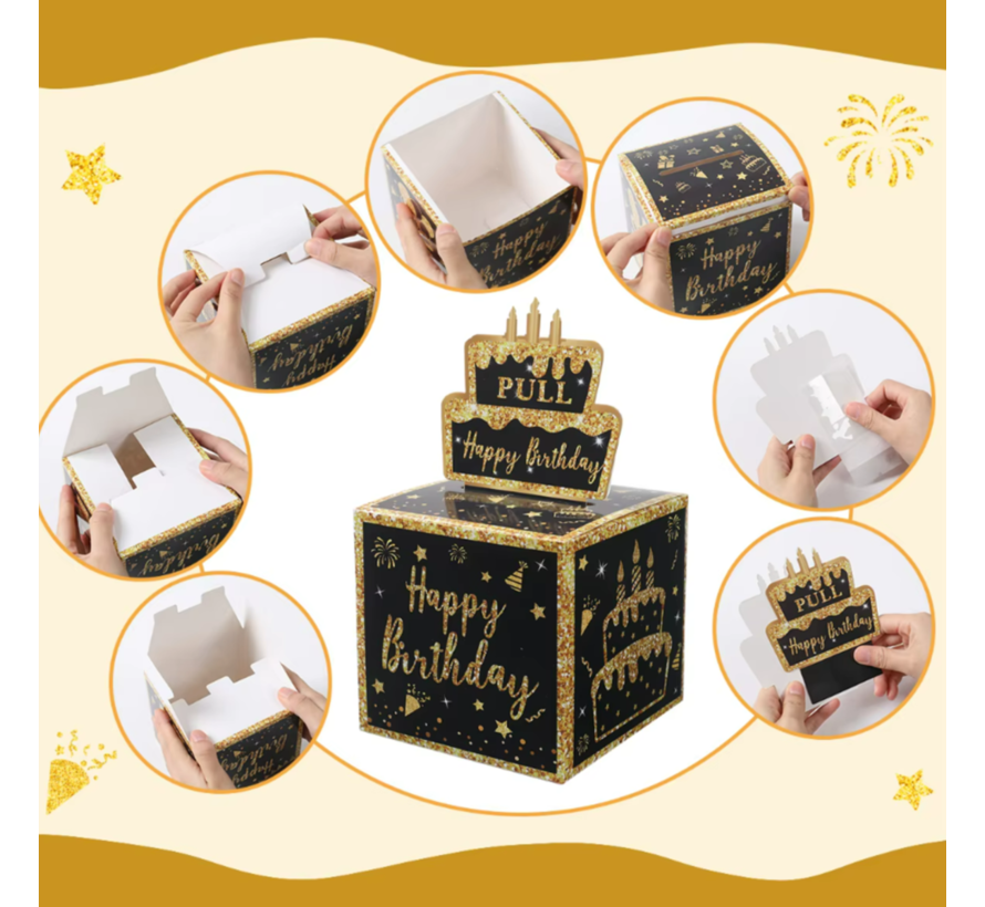 3D Geld Biljetten Verjaardagskaart Kado Box met 6 METER Geld Briefjes - Een aparte Happy Birthday Zwart