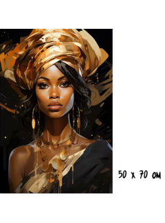 Allernieuwste.nl Canvas Schilderij Afrikaanse Vrouw Goud/Zwart 2 - 50 x 70 cm