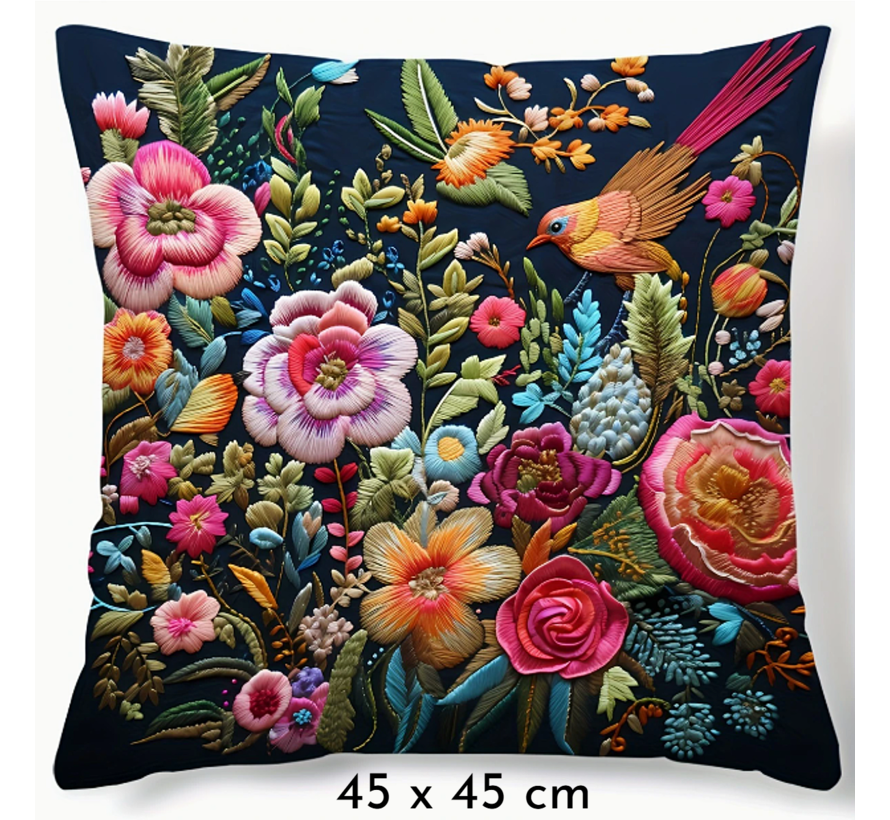 Allernieuwste.nl® Kussenhoes Bloemen & Vogels - Kussen Polyester 45x45 cm - Kleurrijke Kussenovertrek