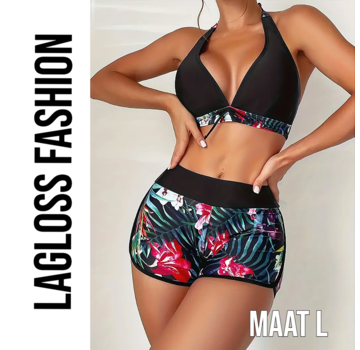 LaGloss 2-Delige Bikini Set Zwart met Bloemenprint - Maat L