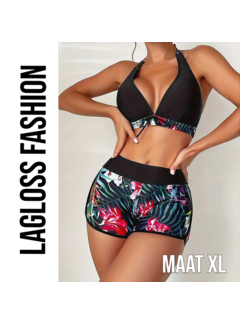 LaGloss 2-Delige Bikini Set Zwart met Bloemenprint - Maat XL