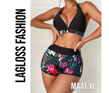 LaGloss 2-Delige Bikini Set Zwart met Bloemenprint - Maat XL
