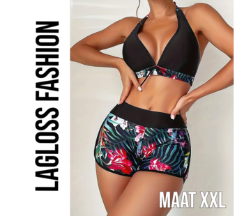 LaGloss 2-Delige Bikini Set Zwart met Bloemenprint - Maat XXL