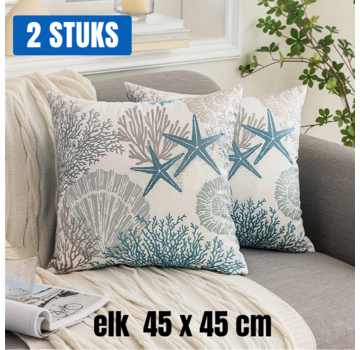 Allernieuwste.nl® 2x Kussenhoezen OCEAAN Strand Schelpen Koraal Zeester - 45 x 45 cm