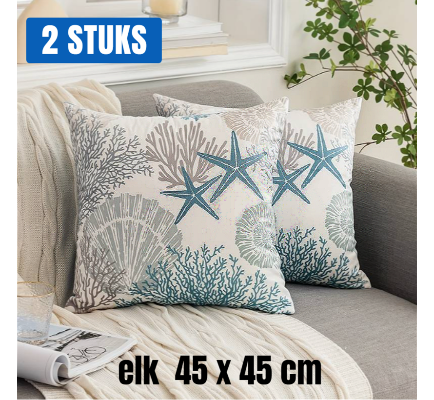 Allernieuwste® 2 Stuks Kussens OCEAAN Strand Schelpen Koraal Zeester - 2x  Kussenhoes Polyester - Kussenovertrek Strand - Kleur 45 x 45 cm - SET 2 Stuks %%