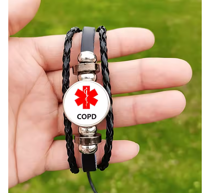 Allernieuwste.nl® Armband COPD Alert - Leder Dames Heren Armbanden Unisex - Pinda Allergie - Verstelbaar Zwart Leer 26 x 2 cm