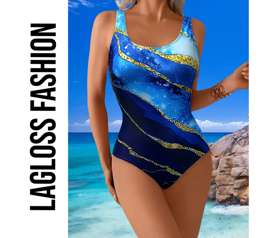 LaGloss® Blauw Gouden Badpak – Elegant Damesbadpak met Abstracte Print & Buikcontrole – Maat S
