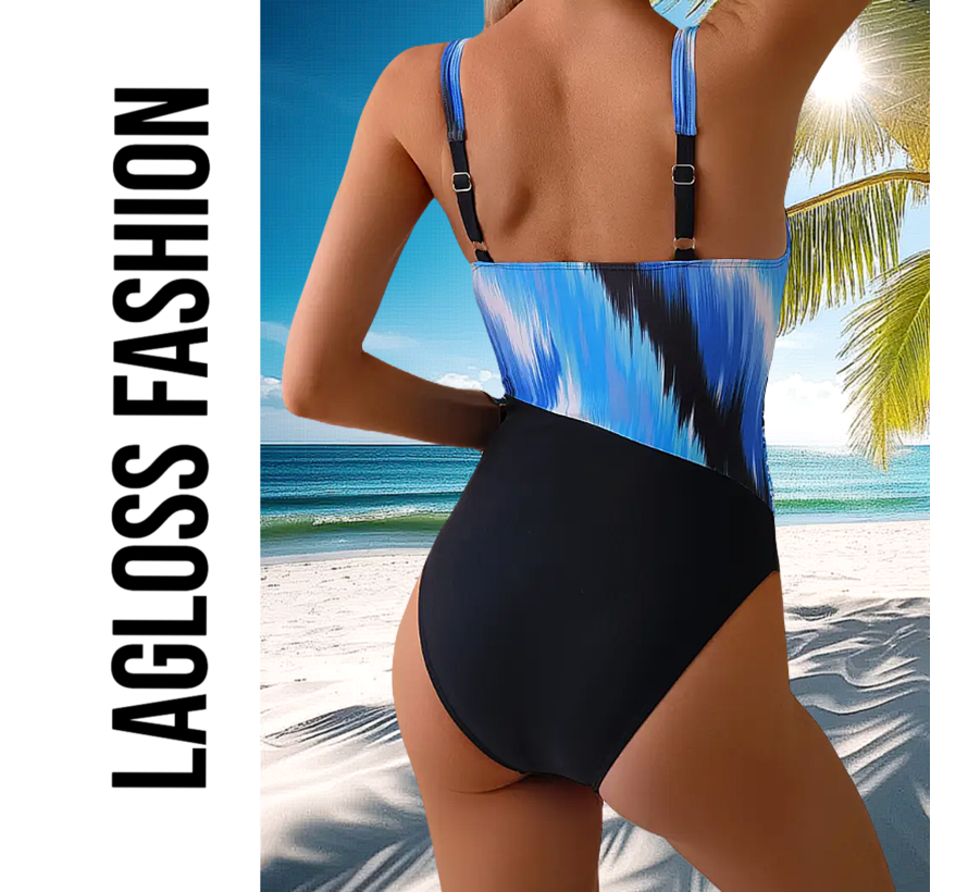 LaGloss® Badpak Blauw Zwart Kleurblok – Flatterend Damesbadpak met Rimpeldetail – Maat L