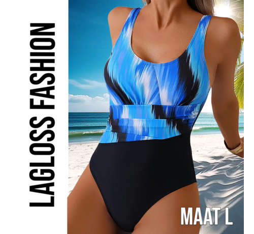 LaGloss LaGloss® Badpak Blauw Zwart Kleurblok – Flatterend Damesbadpak met Rimpeldetail – Maat L